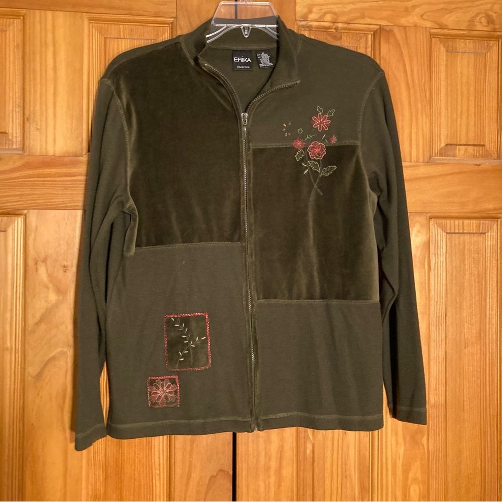 NWOT Erika Vintage 80s 90s Top Long Sleeve Velour Knit Blouse Green M Medium